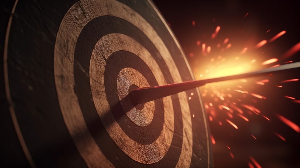 Axe hitting the center of a bullseye with sparks in the background.