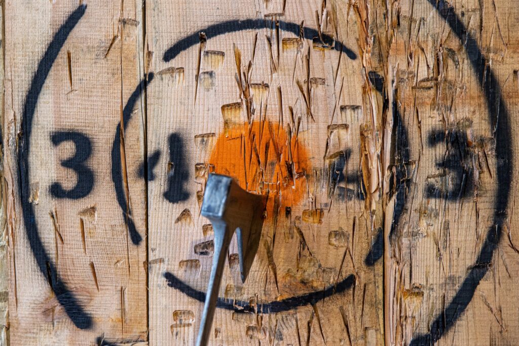 An axe embedded in the bullseye of a wooden target.