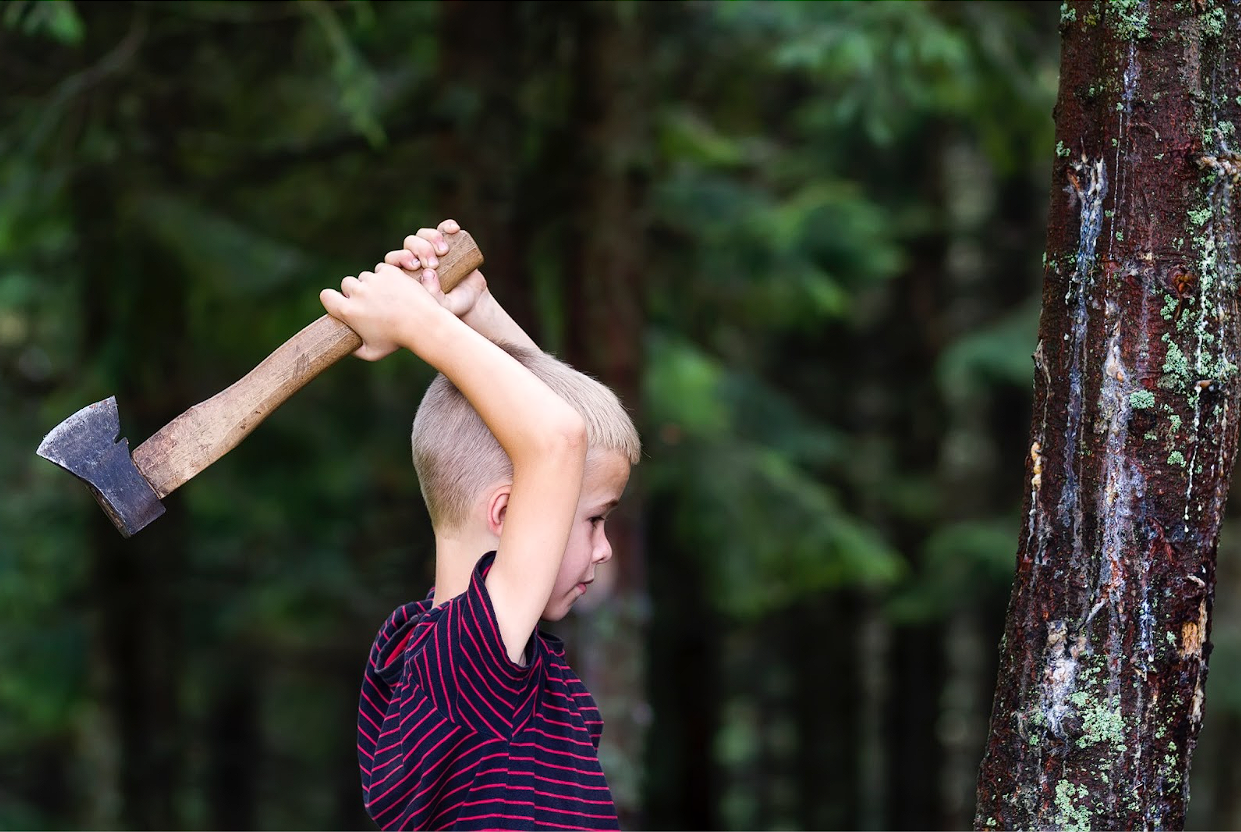 A young boy holds an axe over his head and prepares to throw.
